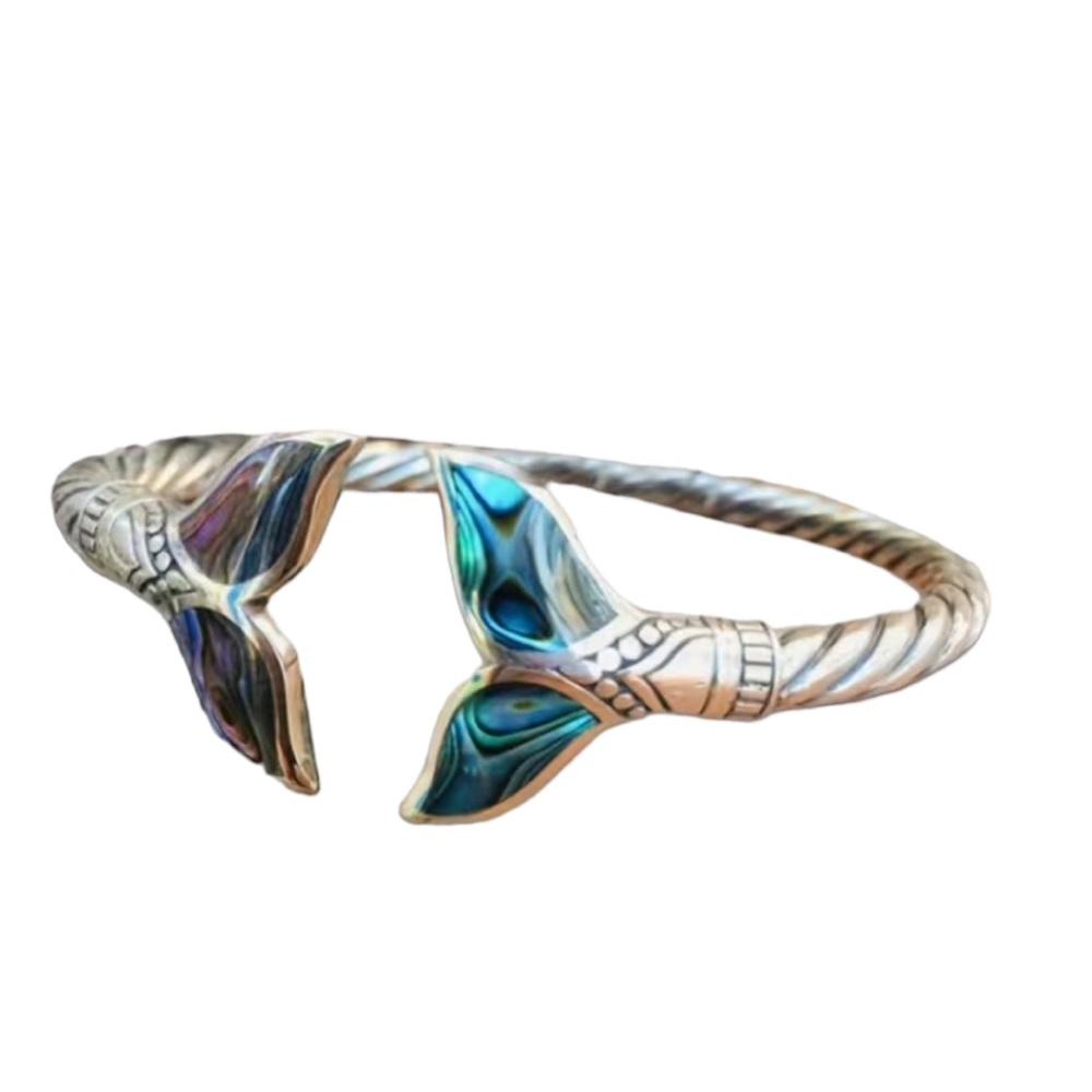 Colorful Whale Tail Decorated Silver Cuff Bracelet - Picture 4 of 8